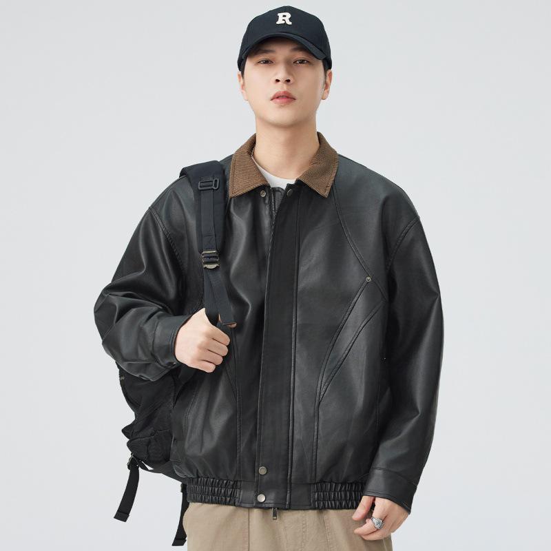 

Men s American Style PU Leather Jacket - Autumn/Winter Loose Lapel Motorcycle Coat 2XL чорний