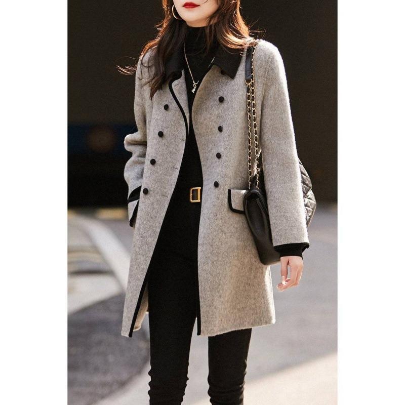 Autumn and Winter Women's 3XL Coat Retro New Fashion Double-breasted Casual Mid-length Temperament Contrasting Small Lapel Woolen Coat for Women