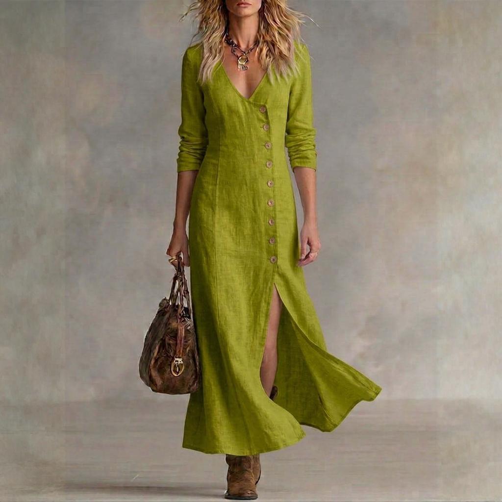 Women's Fashionable Casual Cotton-Linen Long-Sleeve Button-Down Dress