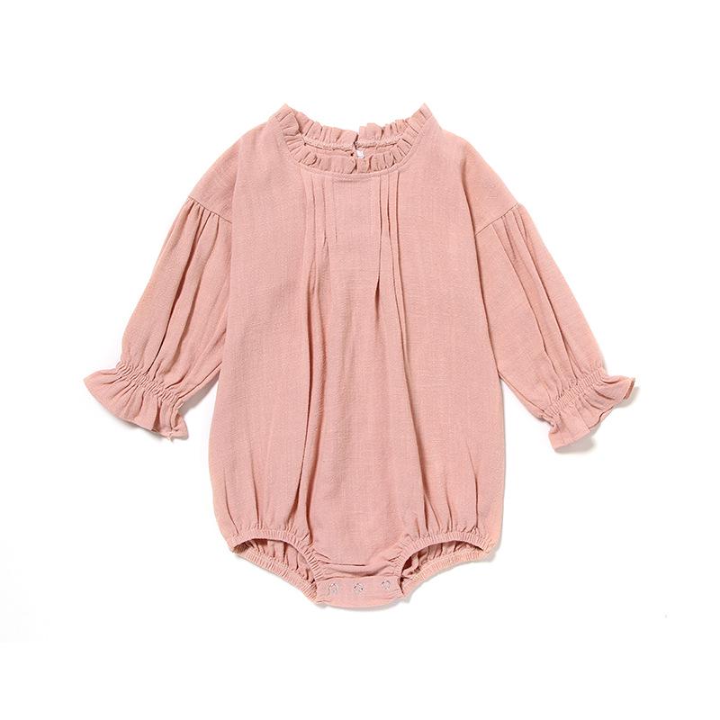 European & American Long-Sleeve Linen Jumpsuit for Baby Girls - Solid Color Climbing Romper