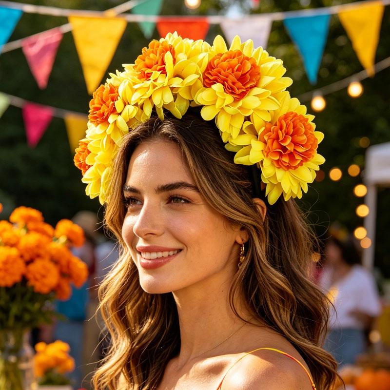 1-10pcs Day of the Dead Marigold Headband Artificial Flower Crown for Women Halloween Party Fiesta Costume Accessory