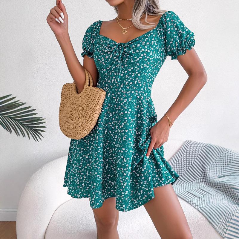 Women's Spring and Summer Leisure Flared Sleeve Drawstring with Floral Big Swing Dress