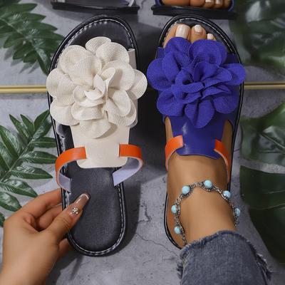 Large-size Lady's Floral Sandals, Summer New Style Double-color Flat Beach Slippers with Flowers