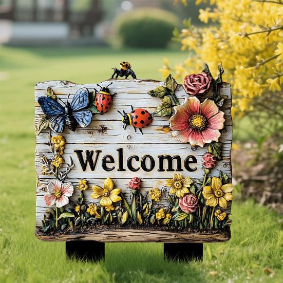 Wooden Decorative Garden Stake, Farmhouse Rustic Flower Butterfly Bee Ladybug Yard Art, Welcome Sign for Outdoor Yard Lawn Patio Pathway