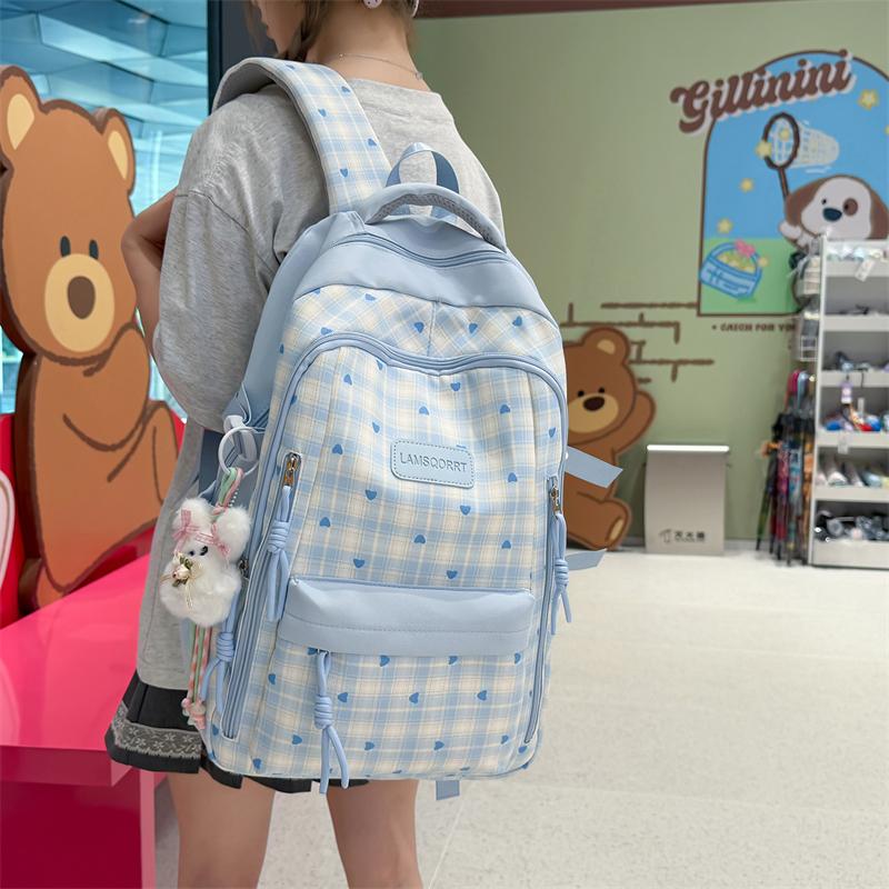 Plaid Schoolbag Large Capacity Lightweight Student Backpack Love Printed Backpack