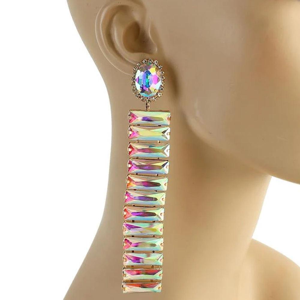 Shiny Colorful Rhinestone Long Drop Earrings Trendy Women Geometric Crystal Earrings Jewelry Accessories