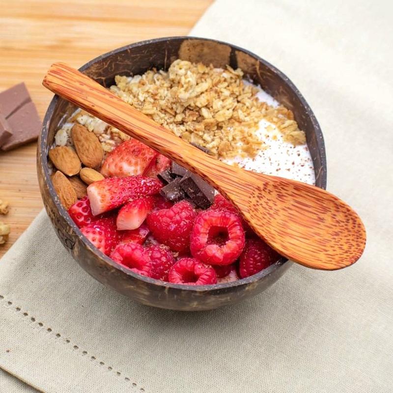 1PC New Natural Coconut Bowl Wooden Handmade Coconut Bowls For Eating Tableware Fork Spoon For Dessert Fruit Salad Mixing Rice