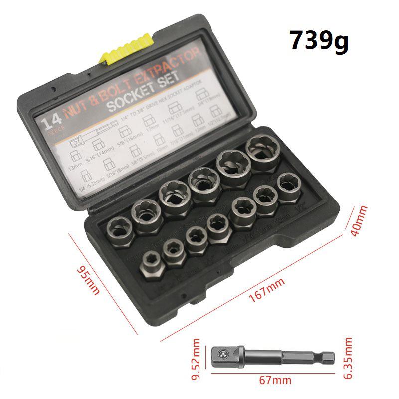 14dílná sada extraktorů šestihranných matic pro poškozené matice