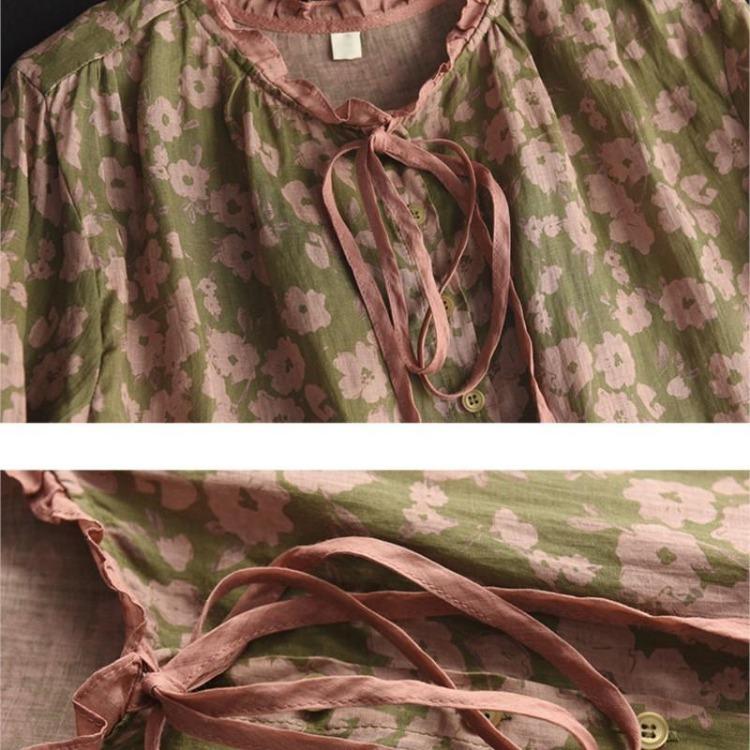 Vintage Chinese Style Floral Print Ramie Blouses Women Long Sleeve Button Tops Fall Shirts