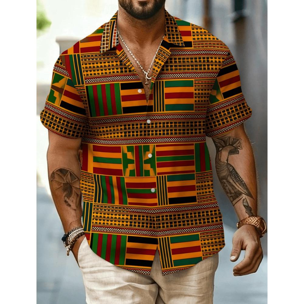 Men's African Tribal Print Short Sleeve Shirt, Geometric Ethnic Pattern