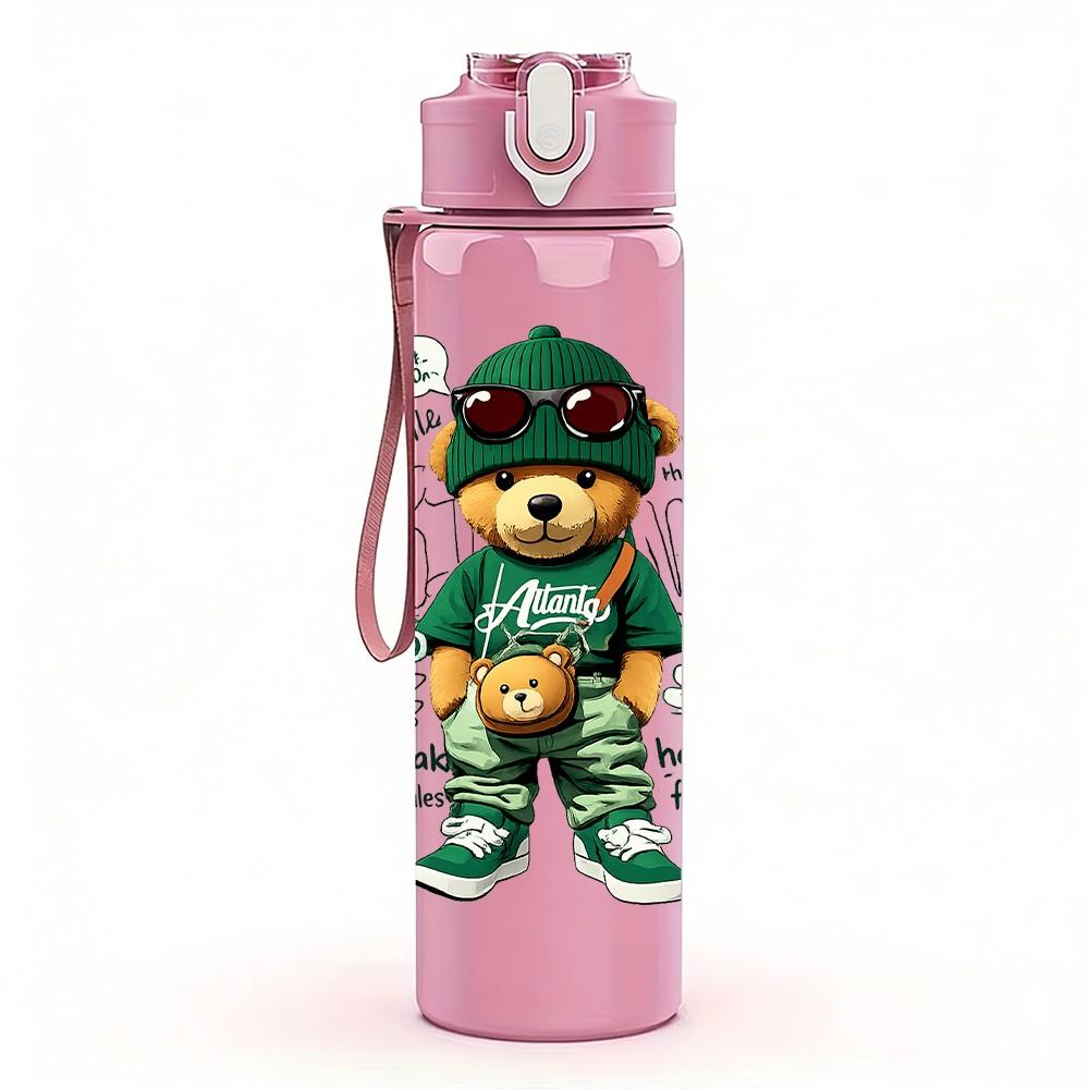 1PC Teddy Bear Green Army Outfit Print 750ml Color Plastic Sports Water Bottle Leakproof Flip Straw Lid Suitable for Sports Office Home Use