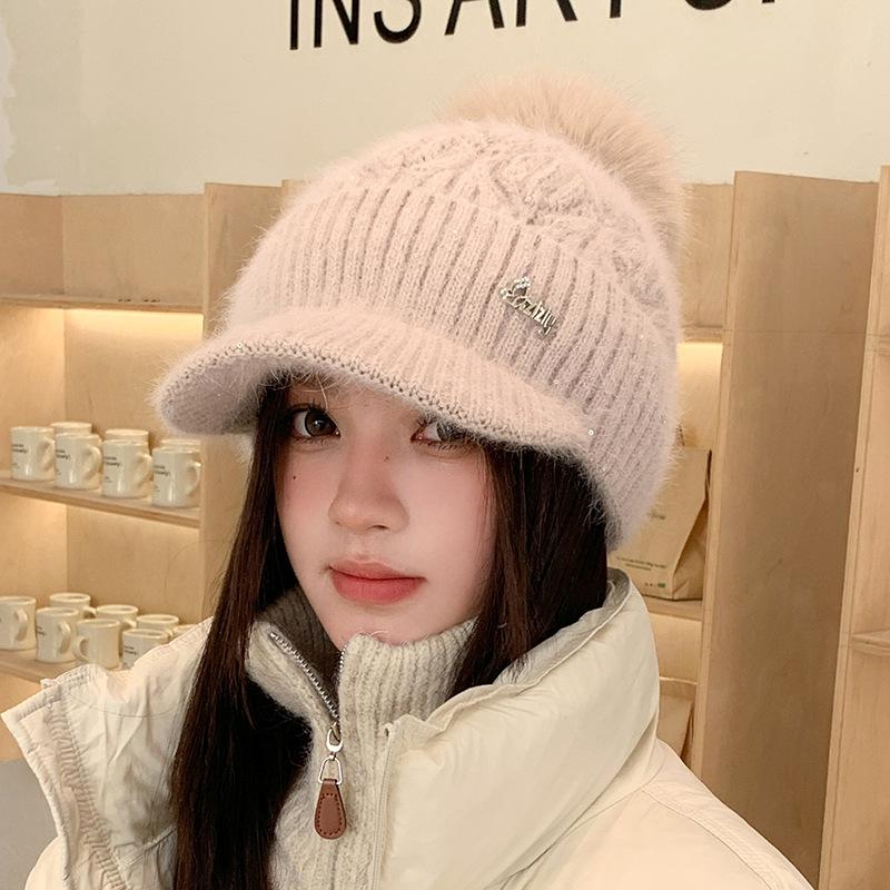 Winter New Duck Tongue Wool Hat Women's Thickened Warm Ear Protection Hairball Knitted Hat Cycling Cold Hat