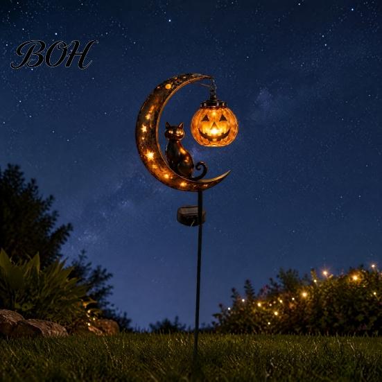 Easy Install Decorative Stakes Halloween Solar Garden Light, Black Cat Pumpkin Moon Stake Pathway Lights for Home Courtyard Waterproof LED Yard