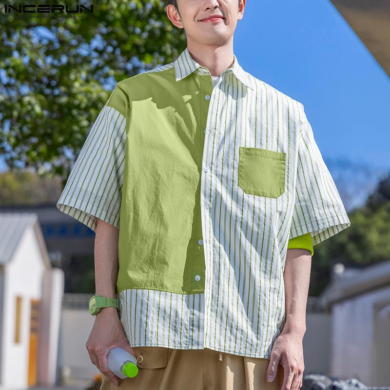 INCERUN Men Striped Shirts Casual Short Sleeve Patchwork Buttons Up Tops