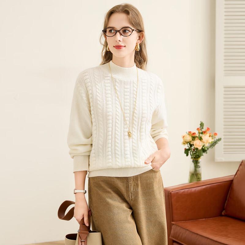 TUHUANG Women's 100% Merino Wool Cable Knit Semi-High Neck Pullover Sweater