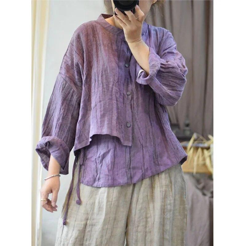 Johnature Nieregularna koszula z lnianym kołnierzykiem w stylu vintage, jesień, kobieta, nowa, zniszczona, luźna, jednokolorowa, swobodna koszula