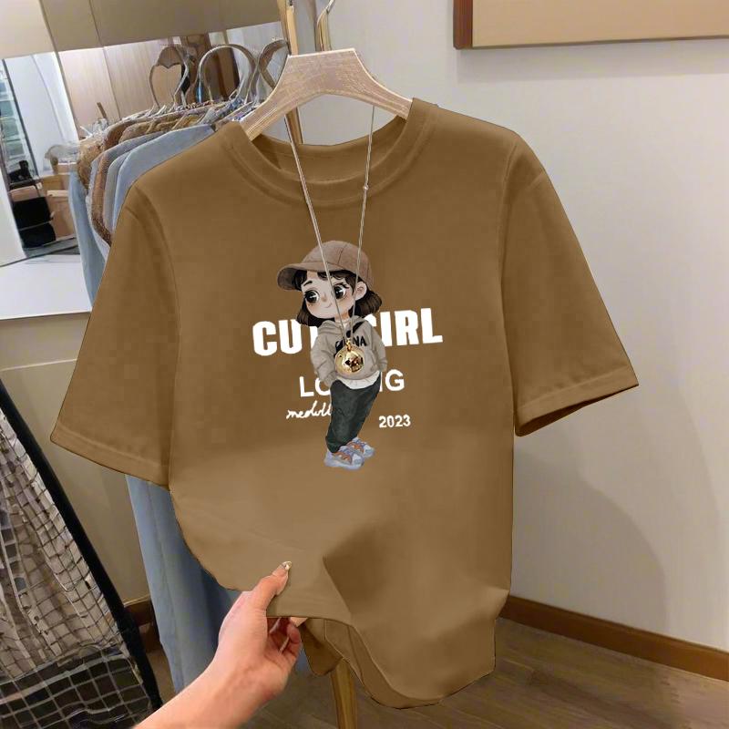 

Crew neck cartoon apricot shoulder cotton short-sleeved T-shirt slim 2025 summer new inner top thin trendy XXXL