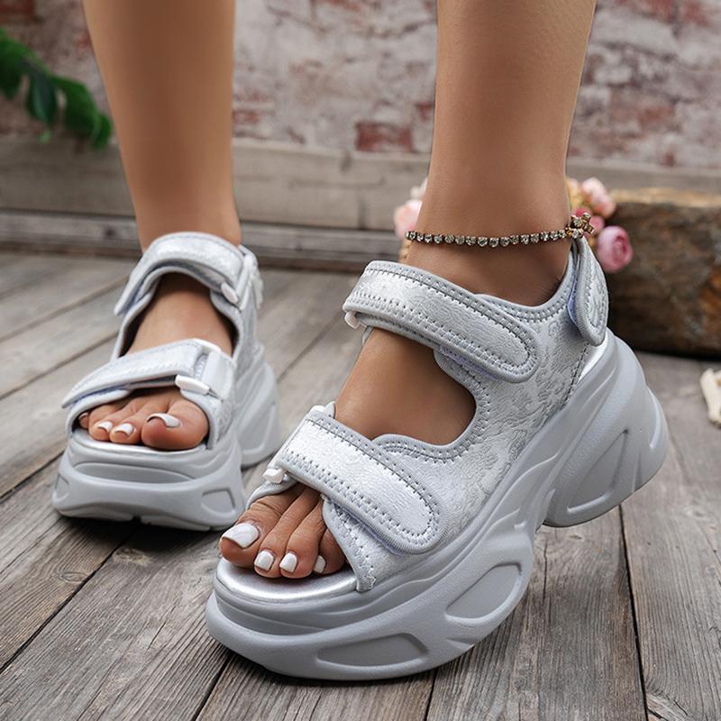 Silver Chunky Platform Sports Sandals for Women Summer Hook Loop Wedge Heel Sandals Woman Thick Bottom Casual Sandles
