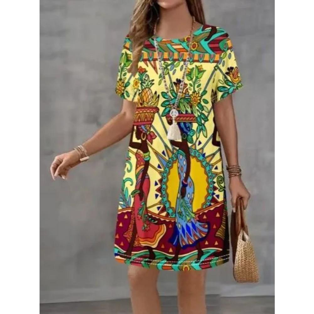Summer Fashion Comfortable Loose Large Dresses Portrait Pattern 3D Printed Casual Breathable Versatile Round Neck Short Sleeved Women's Dresses