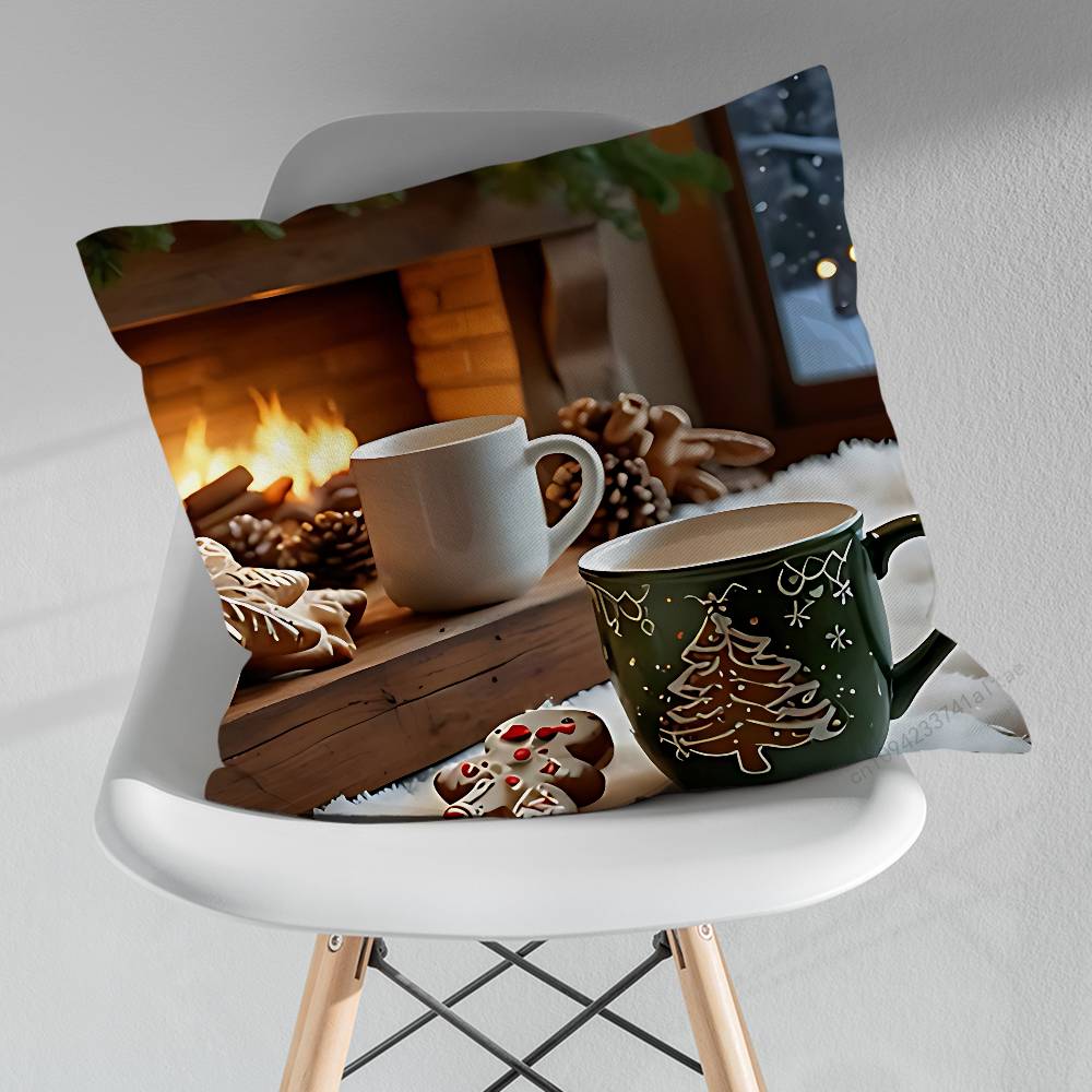 Winter Christmas Art Coffee Pillow Case For 30x30cm45x45cm55x55cm For Home Bedroom Decoration And Protector