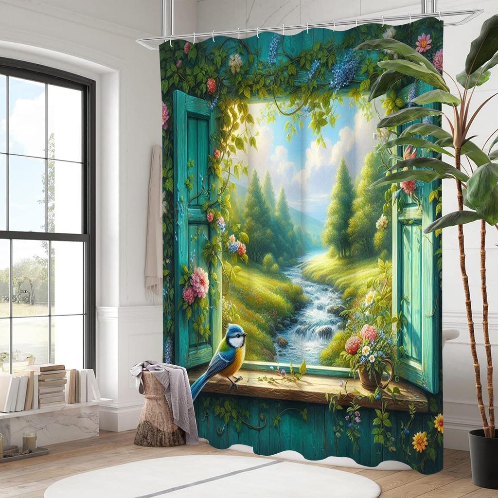 Flower and Birds Pattern Bathing Curtain  Bathroom Shower Curtain Waterproof With 12 Hooks Home Deco Free Ship