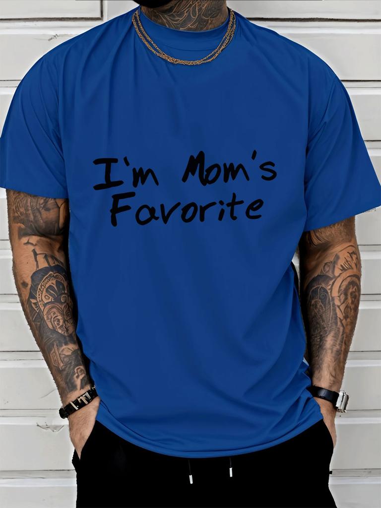 Unisexs Navy Crew Neck Tee I Am Moms Favorite Handwritten Letter Text Print Loose Summer Street Casual Daily Basic Short Sleeve Top