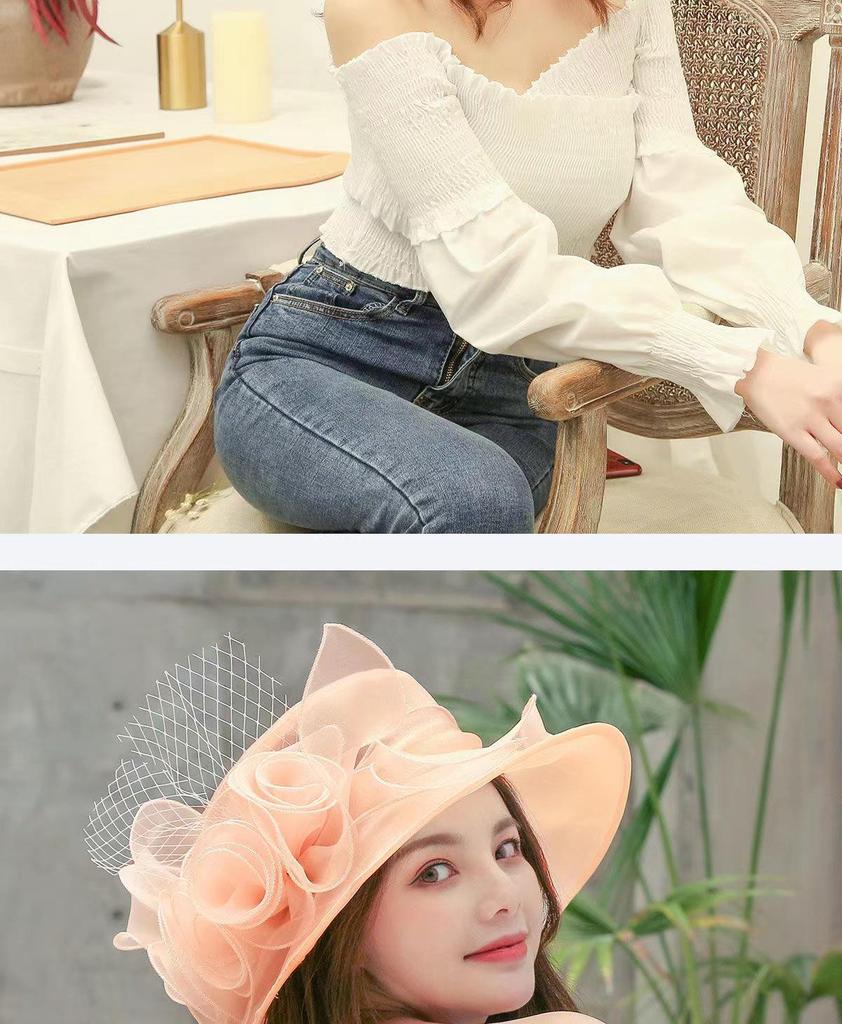 Women's Vintage Organza Sun Hat with Mesh Flower Details