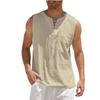 Men Crew Neck Lace Up Sleeveless Linen Tank Top Front Pocket Casual Breathable Summer Beach Vest Tops