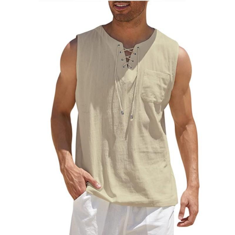 Men Crew Neck Lace Up Sleeveless Linen Tank Top Front Pocket Casual Breathable Summer Beach Vest Tops