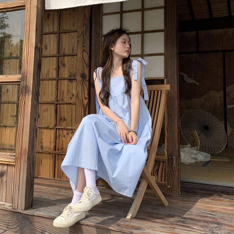 French design sense summer new Korean version of gentle wind bow super fairy suspender dress female Mori female medium and long dress