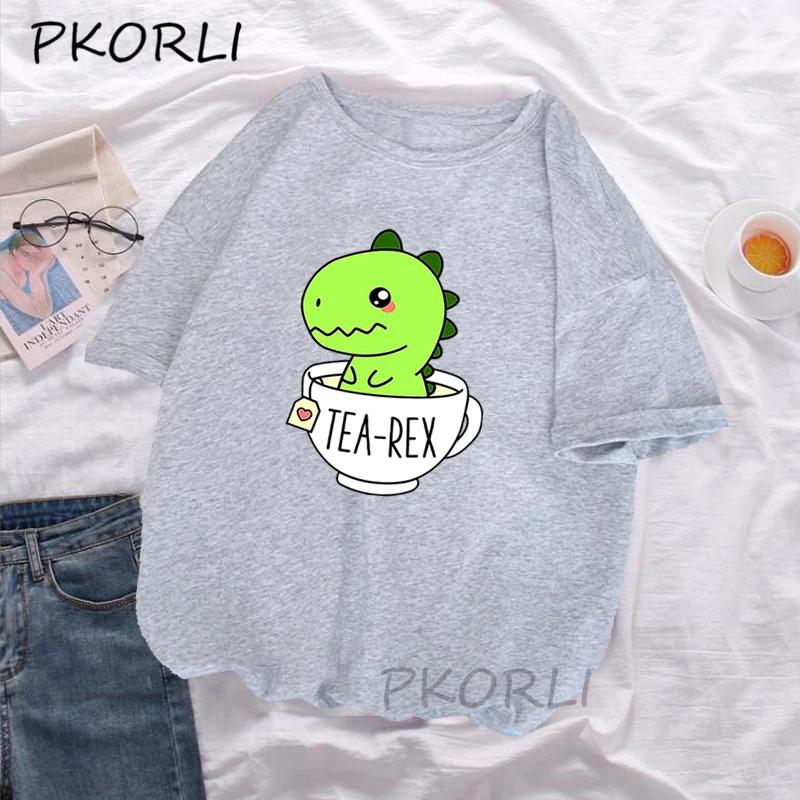 Cute Tea-Rex T-Shirt Women Funny Cartoon Dinosaur T Shirt Female Cotton Short Sleeve Kawaii Clothes Dino Tea Graphic Tee Shirt