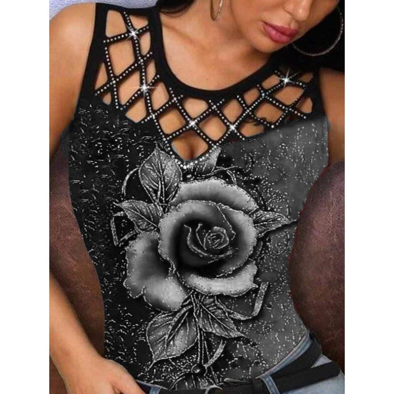 women's Rhinestone Hollow Out 3D Rose Print Slim Fit Tank Top Sleeveless Casual Camisole Top