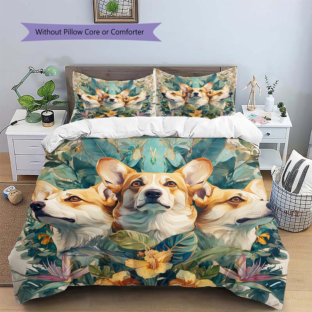 Corgi und Pflanzen Muster Bettwäsche Heimdekoration Geburtstagsgeschenk (1 Bettbezug + 2 Kissenbezüge, ohne Füllung)