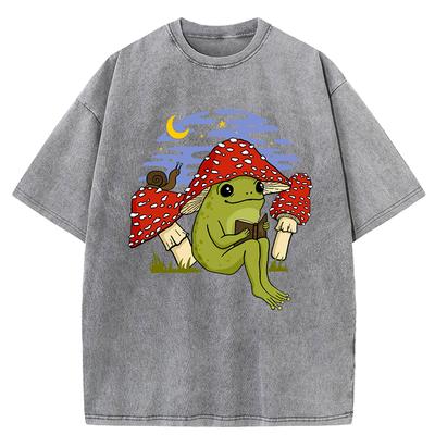 Cute Frog Mushroom Hat Reading Book Print Washed T-Shirt Women Jogging Cotton T Shirts Vintage Clothes Loose Short Sleeve
