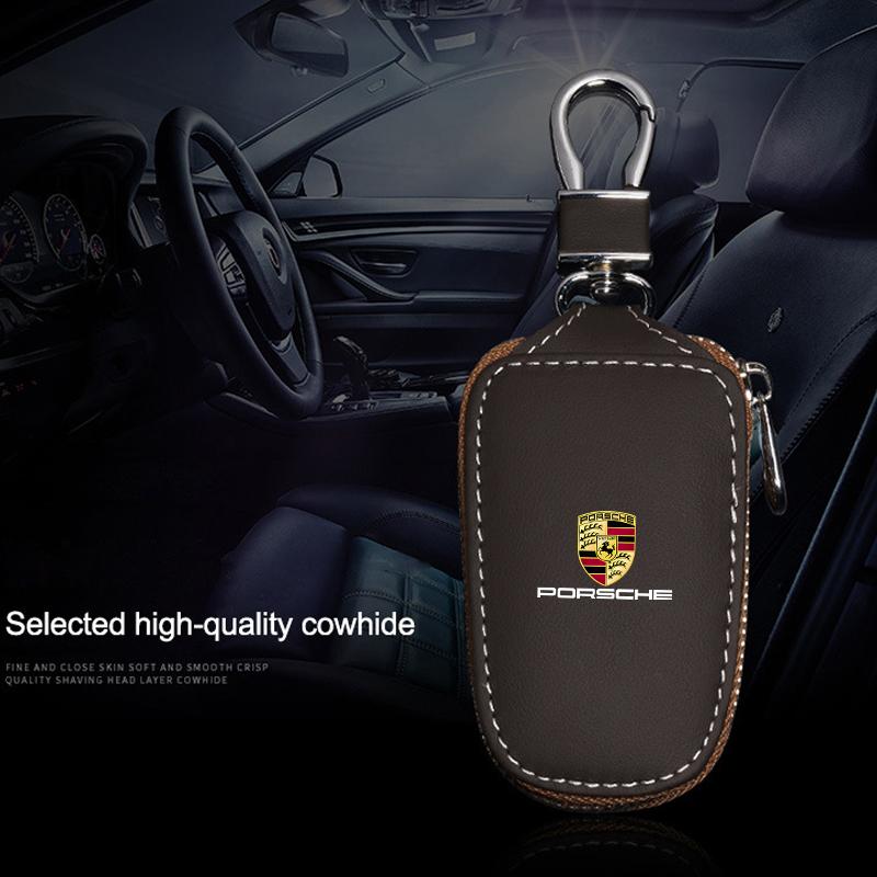 PU Leather Car Remote Key Case Cover Protector Bag for Porsche 718 Cayenne Panamera 911 Macan Taycan Cayman Boxster Sticker