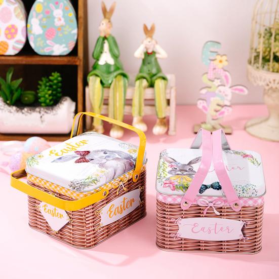 Osterplätzchen Aufbewahrungsbox Tragbare Blech Süßigkeitenbox mit 2 Griffen Leere Blechdose Keks Süßigkeiten Aufbewahrungsbehälter für Osterfest Partyzubehör