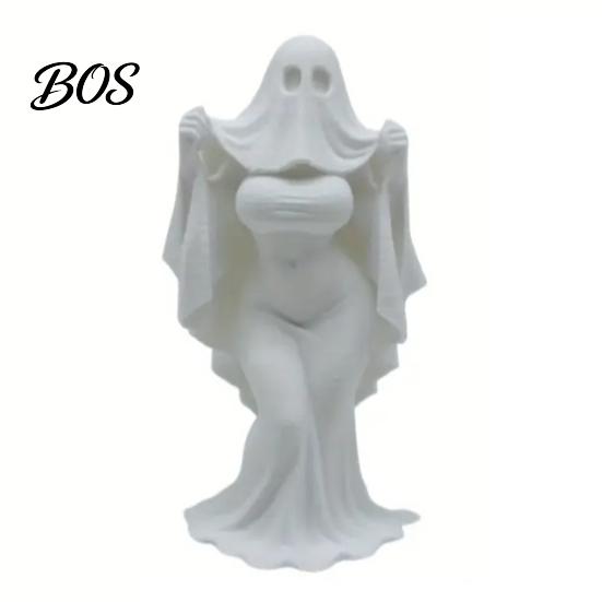 Resin-like Halloween Craft 3D Printed Ghost Bride Statue Ornament, Female Figure Sculpture with Dark Style Ornament Stable Base, Decorative Minimalist
