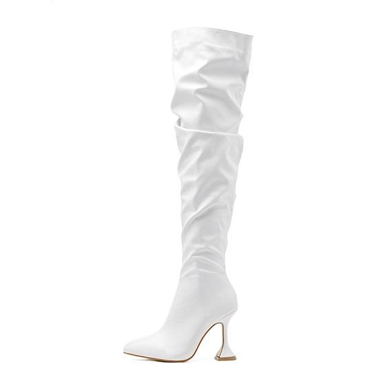 Eilyken Design Pleated Leather Over The Knee Boots Fashion Runway Strange High Heels Sexy Pointed Toe Zip Womans Shoes