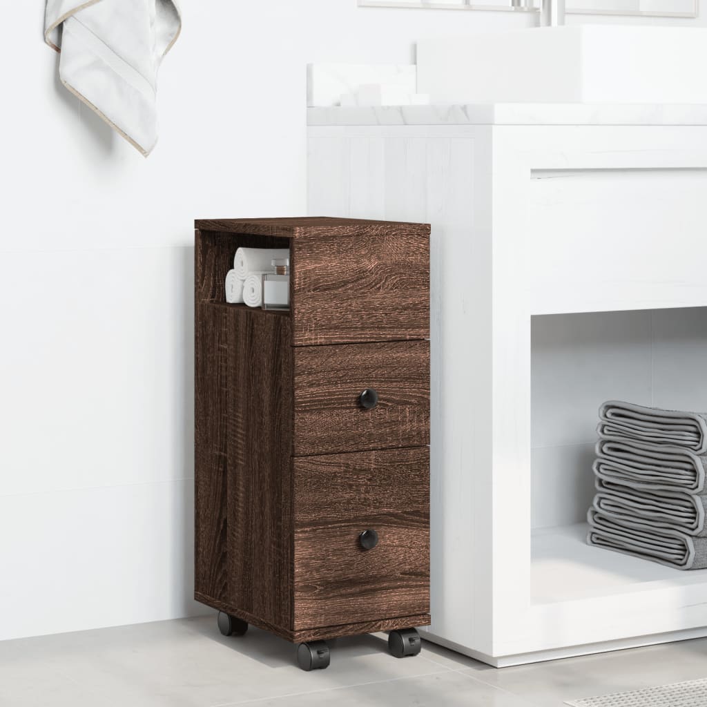 Narrow Bathroom Cabinet with Casters Oak Effect Wood Material