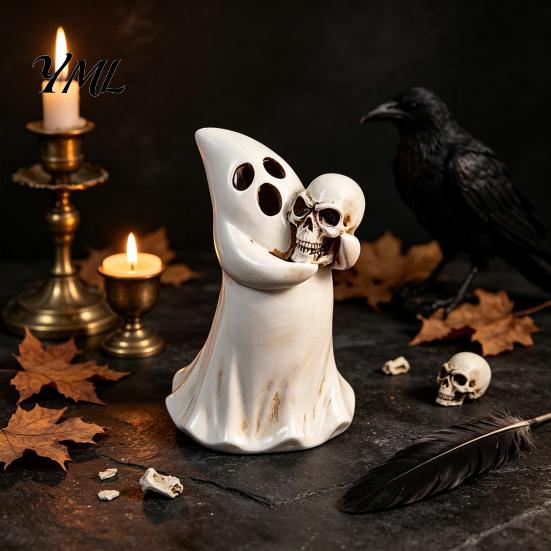 Halloween Festive Decorations Ghost Figurine with Skull, Resin Statue for Tabletop Decor, Decorative Light Holder Retro Gothic Ornament Home