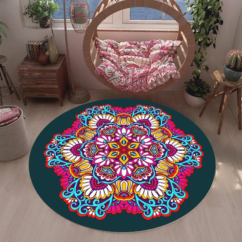 Colorful Flower Round Carpet Maximalism Artistic Home Decor Mat Boho Style Non-Slip Rug for Living Room Terrace Bay Window