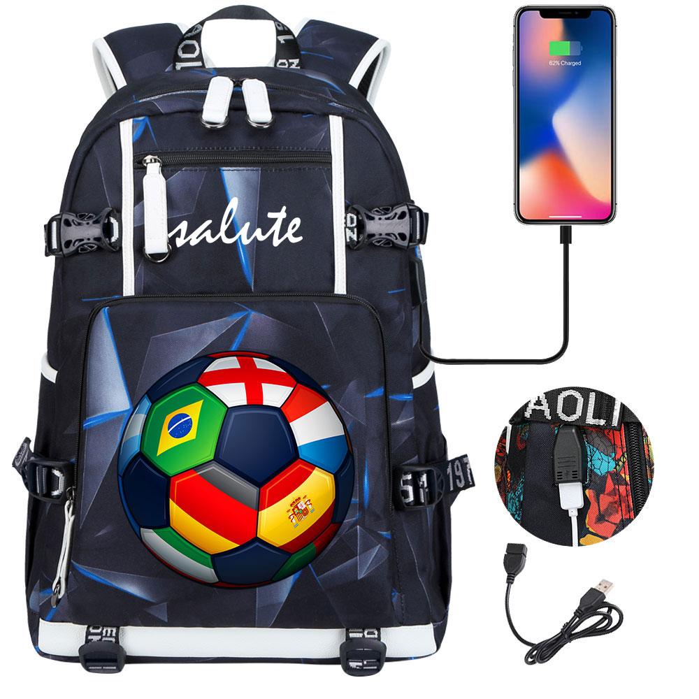 Soccer Print College Student Backpack with USB Charging Port Large Capacity Back To School Bags Women Men Laptop Travel Mochila