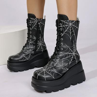Mode Gruseliger Stil Klobige Plateau-Mittelwadenstiefel Damen Spinnennetzmuster Keilabsatz Gothic Stiefel Frau Dicke Sohle Halloween Cosplay Schuhe