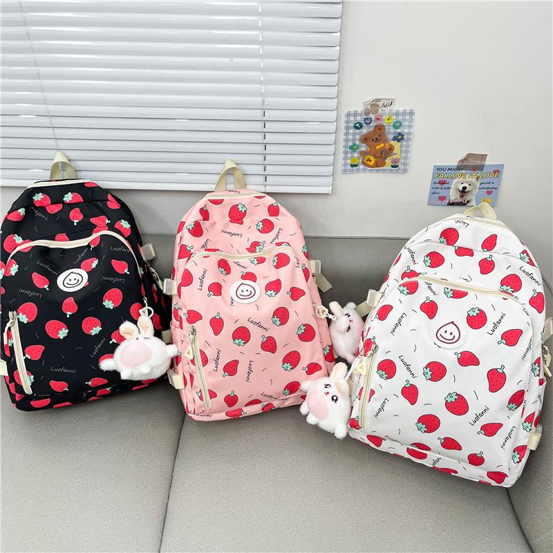 Cartoon Strawberry Printed Backpack New Cute Little Fresh Girl Heart Junior High School Student College Student Schoolbag