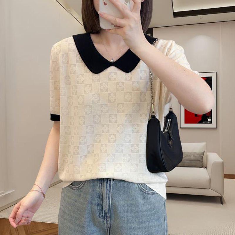 

Энди Вельвет Питер Пэн Воротник Жаккардовая Клетка Короткий Рукав Ледяной Шелк Вязаный Женский Топ One-size грязно-белый