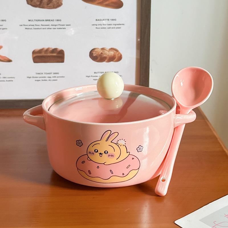 High-value Cute Tableware Ceramic Instant Noodle Bowl with Lid Children's Rice Bowl Student Dormitory Instant Noodle Bowl Binaural Soup Bowl