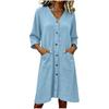 Women Loose Fit Linen Cotton V Neck Button Front Casual Seven Sleeve Dress with Pockets Relaxed Style