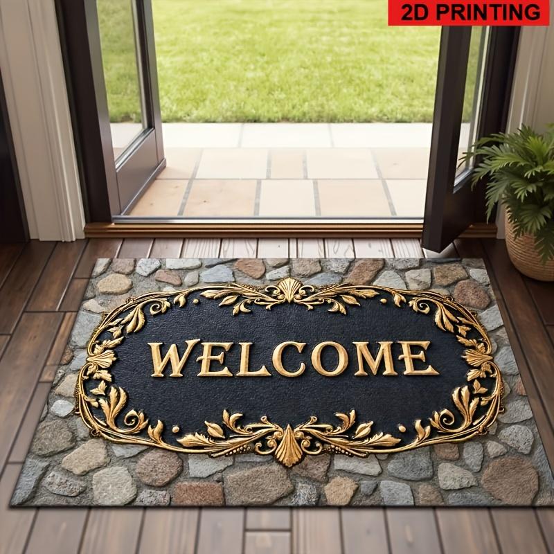 Stone Texture Gold Frame Welcome Print Carpet Plush Flannel Rug Entryway Living Room Home Decor Area Rug Non Slip Floor Mat