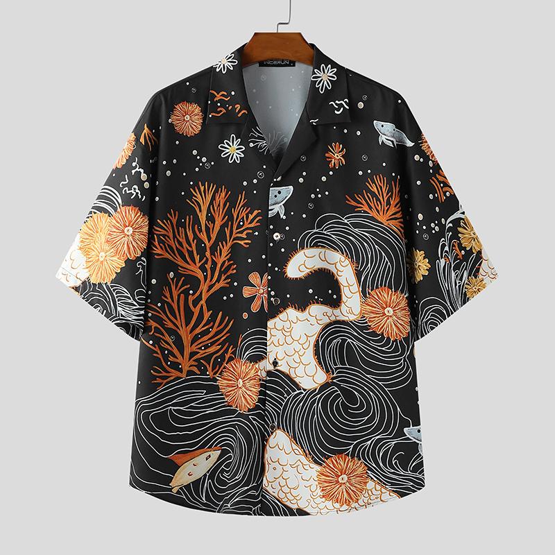 

INCERUN Мужские рубашки с лацканами, коротким рукавом, принтом, пуговицами, повседневные, оверсайз M чёрный