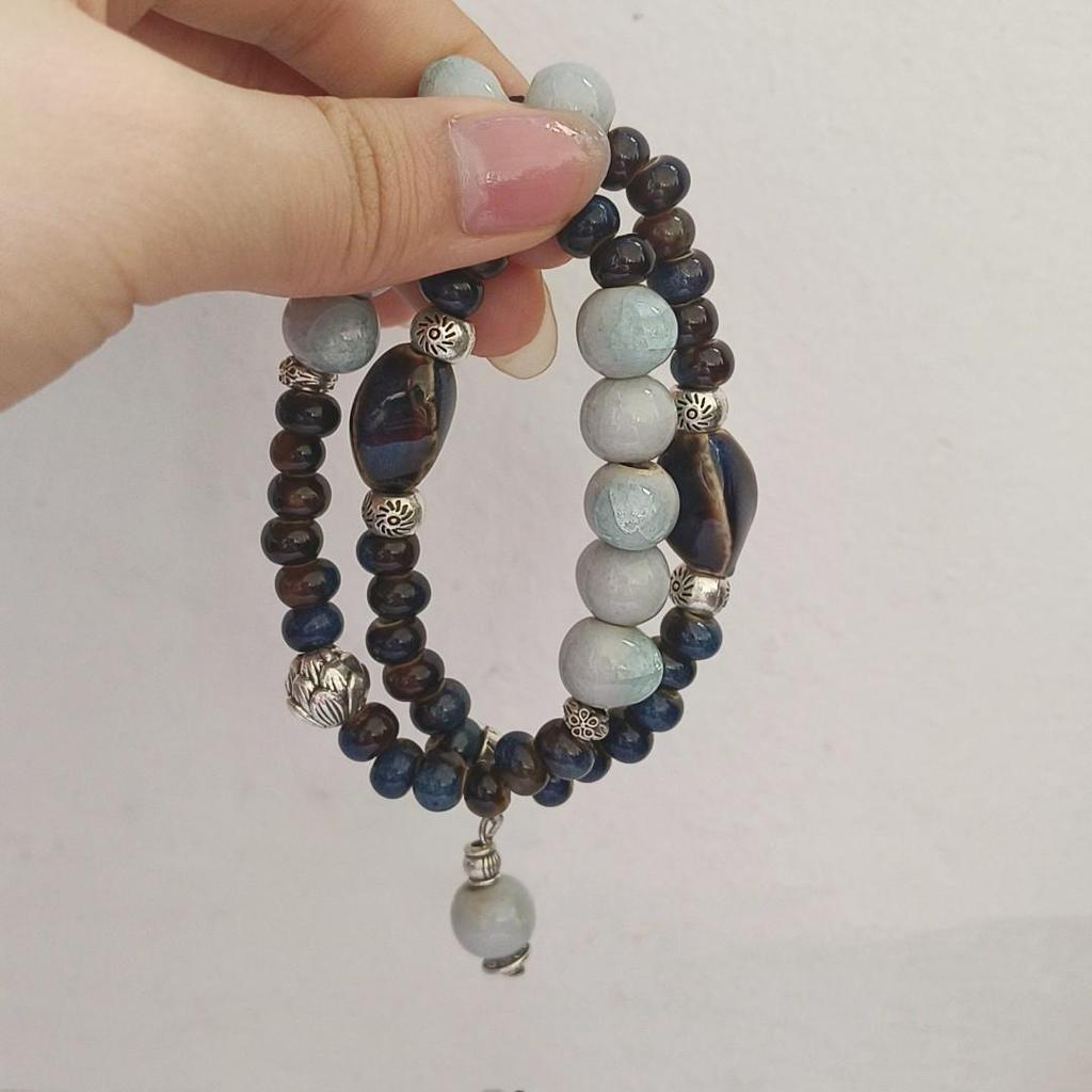 Keramikperlenarmband für Damen, Ethno- und Exotik-Stil, elastisches Seil, chinesisch inspiriertes Design